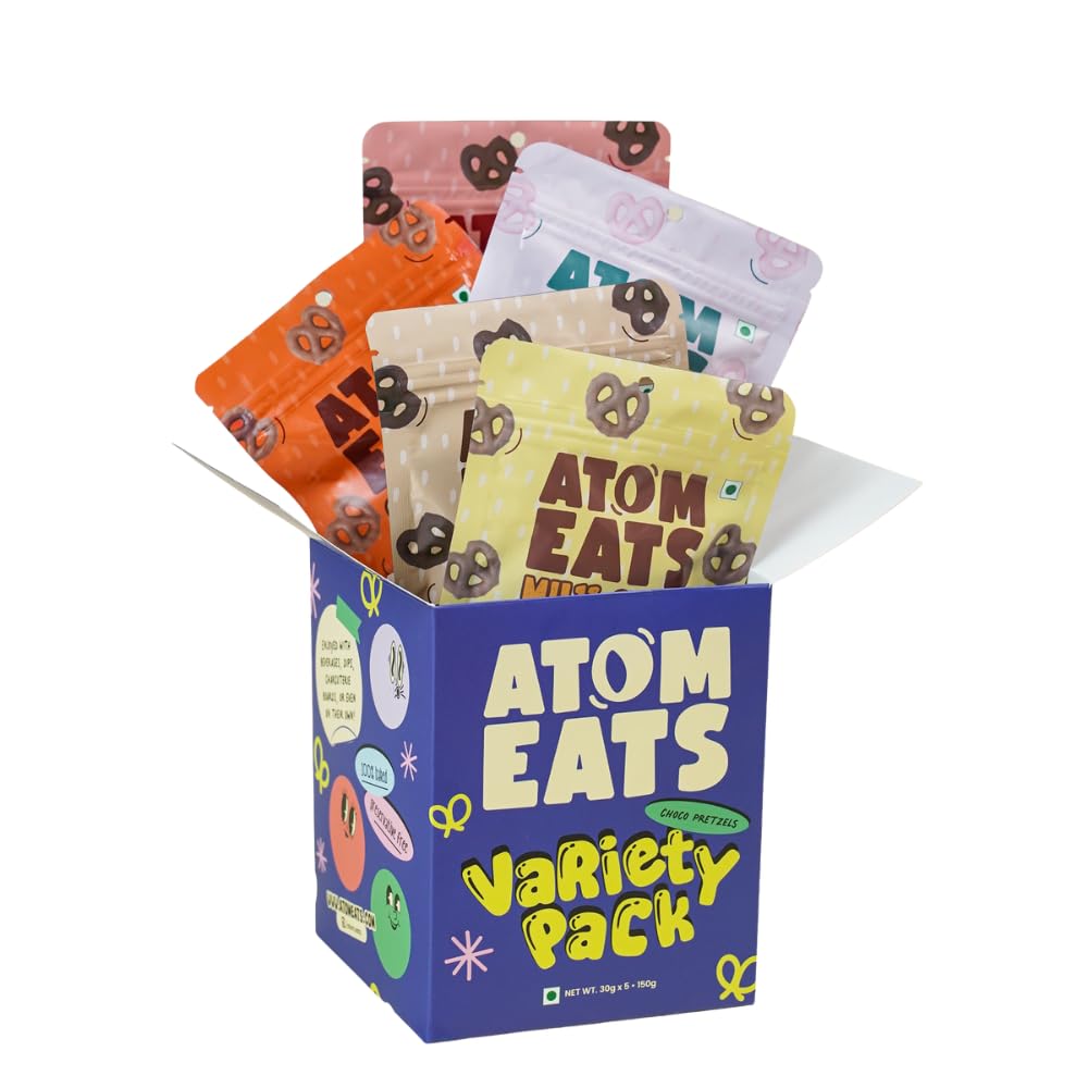 Atom Eats Choco Pretzel Variety Pack - Pack of 5 (30g Each) | Mini Knots | Chocolate Dipped Mini Pretzels | Savoury Snacks, Sweet & Salty Crunchy Namkeen | Gourmet Treats for Parties, Travel & Anytime Indulgence | Imported Snacks