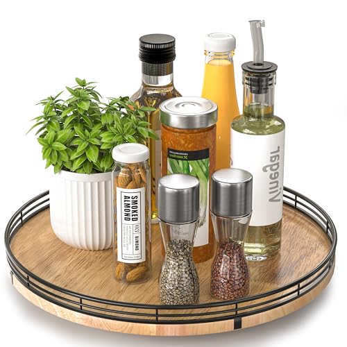 Image of 13 inch Lazy Susan Oak Wood Turntable Organizer for Cabinet, Farmhouse Round Wooden Lazy Susan Organization and Storage for Dining Table, Pantry, Kitchen, Bathroom, Countertop, Cupboard, Home Decor