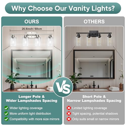 Image of Ascher Bathroom Light Fixtures, 4-Light Vanity Light Over Mirror, Brushed Nickel Wall Sconces with Clear Glass Shades, Wall Lamp for Living Room Bedroom, E26 Base(Bulbs Not Included)