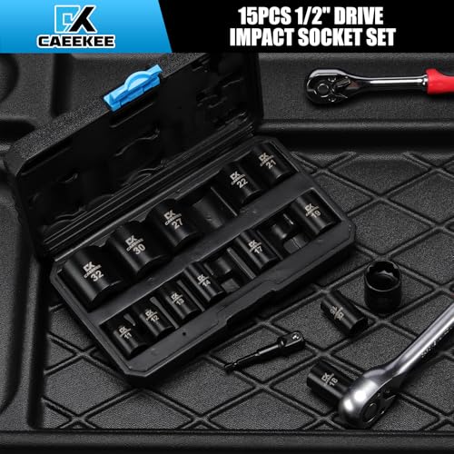 Image of 15PCS 1 /2 inch Drive Shallow 12-Point Impact Socket Set, Metric(11mm - 32mm), Cr-V Steel, Includes Drill Socket Adapter