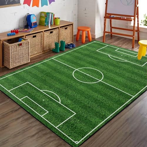 Bycmuoz Green Grass Soccer Field Boys Bedroom Rug, 60x110cm, Football Court Sports Enthusiasts Floor Rugs, Machine Washable Foldable No Crease Absorbent Carpet for Nursery Dorm Family