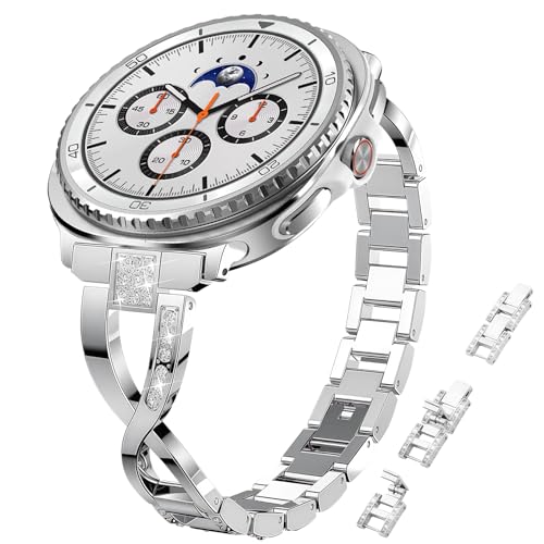 #Commissioniguadagnate<br>Cinturino in Metallo per Braccialetto Samsung Galaxy Watch 8 40mm 44mm/8 Classic Donne Regolabile Strass Metallo Cinturini di Ricambio per Samsung Galaxy Watch 8 Classic 46mm 2025 - Argento