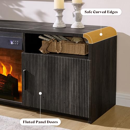 Image of AMERLIFE 70 inch Fluted Fireplace TV Stand for TVs Up to 80 inch, Modern TV Console with 30 inch Electric Fireplace & Storage Cabinets, Media Entertainment Center for Living Room, Black