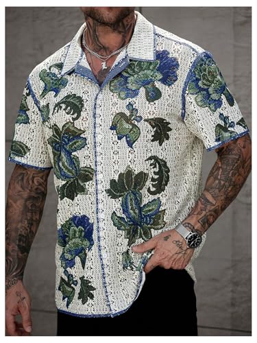 GORGLITTER Men's Striped Button Down Knit Shirts Short Sleeve Crochet Collared Cardigan Hollow Out Tops 5