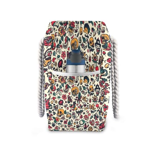 Retro Tattoo Beach Bag & Travel Tote Bag Large Sandproof with Zipper Closure, Wet Pouch for Swim Gym Travel, Lightweight Foldable Outdoor Bag3