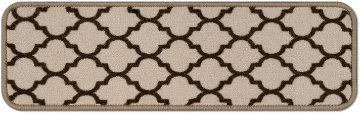 Free Shipping 🛒 House, Home and More Set of 15 Skid-Resistant Carpet Stair Treads – Moroccan Trellis Lattice – Vanilla Cream & Coffee Brown – 8 Inches X 26 Inches