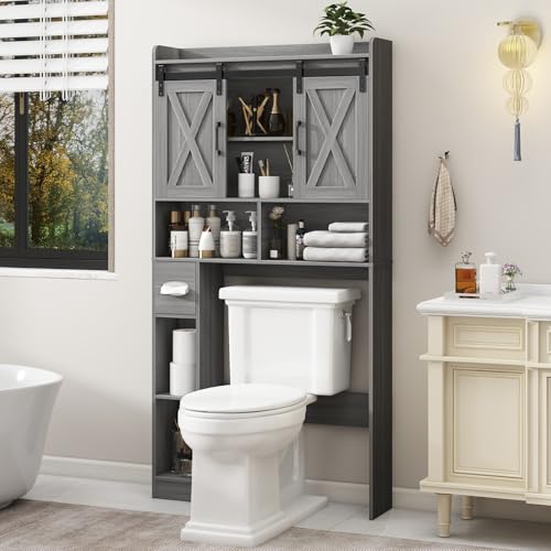 Farmhouse Over The Toilet Storage Cabinet with Sliding Door & Toilet Paper Holder Stand Space-Saving for Bathroom & Restroom Wash Grey