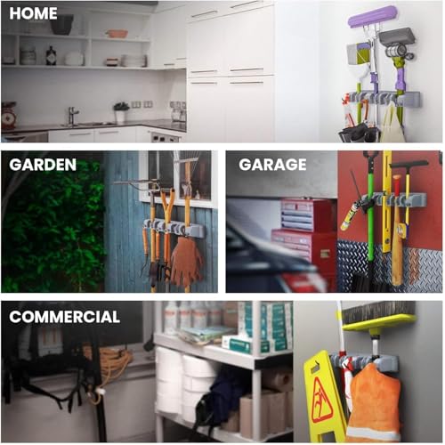 Image of JD FRESH 1 Pcs Plastic Mop and Broom Holder Wall Mount with 5 Slot & 6 Hook, Anti Slip Heavy Duty Waterproof Broom Hanger Stand Organizer Tool Kitchen Home Garden Bathroom (Grey)