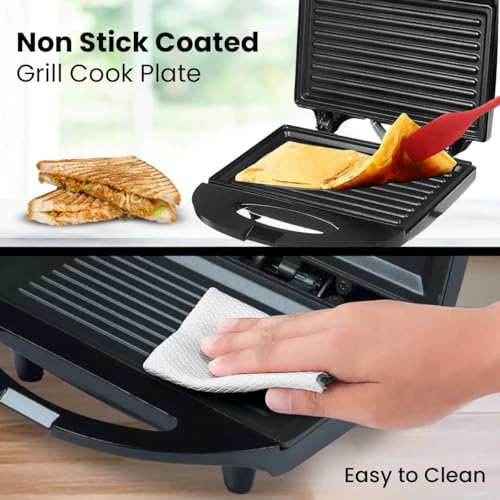Image of INALSA Grill Toaster with SS Cover On Top Cover|Over Heat Protection|Vertical Storage|Easy Locking|Non Stick Coated Heating Plates (Presto DX),800 Watts,Black