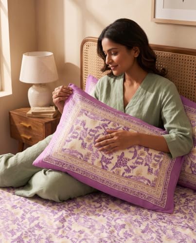 Image of Naksh Queen Size Bed Sheet Purple Floral Print 2 Pillow Covers | Purple Botanical Floral Print | Heritage Design for Queen Size Bedrooms