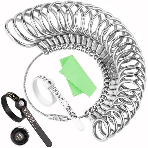 UUBAAR Ring Sizer Measuring Tool Kit, 27PCS Stainless Steel Ring Sizing Gauge Measurer, US Size 0-13 with Half Sizes, 2 Reusable Finger Sizer Belts US 1-17(1 with Magnifier), Men Women Wedding Jewelry