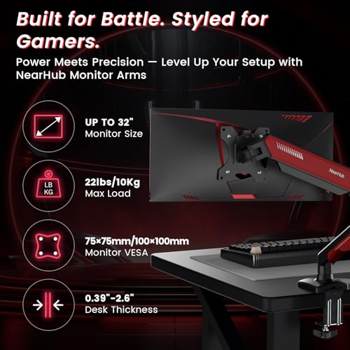 Image of NearHub Gaming Monitor Mount for Computer Screen 13-32 inch and up to 22 lbs,360 Rotation,+90 to -45 Tilt,180 Swivel,with C Clamp and Grommet Base,Integrated Cable Management,75x75 /100x100 VESA,RED