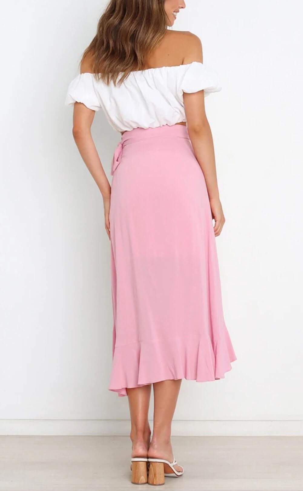 FEOYA Faldas largas de cintura alta para mujer, con lazo cruzado, dobladillo con volantes, estilo casual, para verano, playa