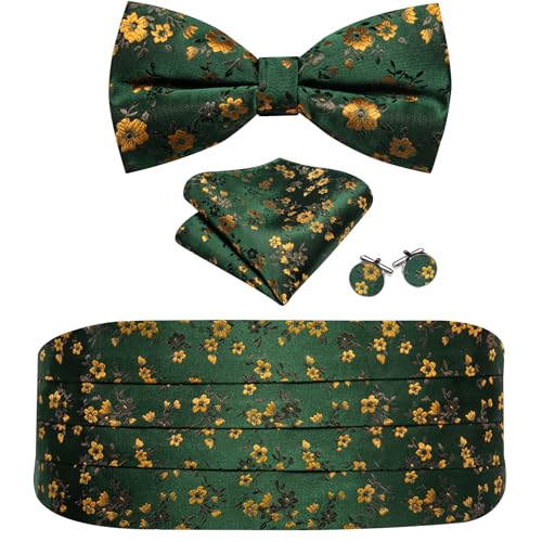Image of Barry.Wang Men Silk Paisley Cummerbund and Pre-tied Bowtie Handkerchief Cufflink Set for Tuxedo