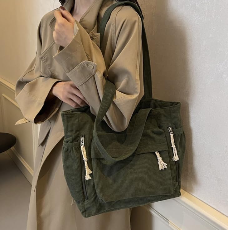 Bolsa Tote de pana para mujer, gran capacidad, verde miniatura 7
