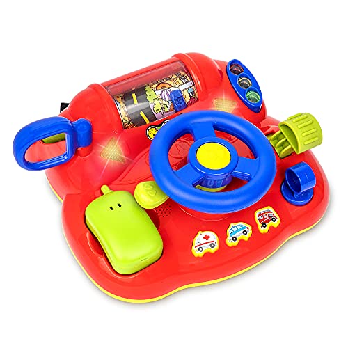 Playkidz My First Steering Wheel, Driving Dashboard Pretend Play Set with Lights, Sound and Phone, 10"x8", Recommended for Ages 18months+