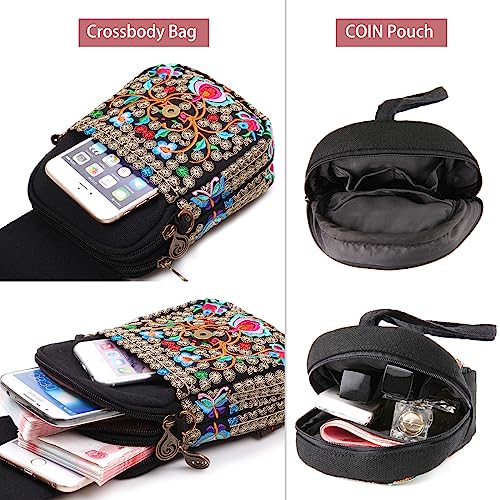 Goodhan Flowers Embroidery Canvas Crossbody Bag, Women Messenger Bag, Cellphone Pouch Purse 2 PACK