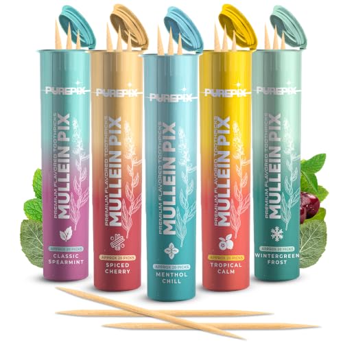 Image of Mullein Pix Flavored Toothpicks Infused with Mullein Leaf, Extra Thick Natural Quit Smoking Alternative, 5 Flavor Variety Pack, Plant-Based Herbal Sticks, Nicotine Free, Kosher Vegan, Made in USA