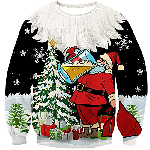 Loveternal Bière Xmas Jumper Men 3D Ugly Christmas Pullover Printed Funny Crewneck Long Sleeve Sweater XL