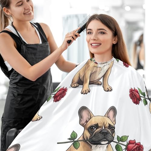 Friseurschürze mit niedlicher französischer Bulldogge, rote Rose, professioneller Umhang zum Haarschneiden, 160 x 140 cm