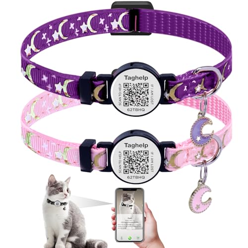 2PCS Breakaway Cat Collars with QR Code Bell Moons Stars Cute Kitty Adjustable Safe Kitten Collars with Pendant Glow in The Dark. Smart ID tag.Real-time scan alerts (Purple&Pink)