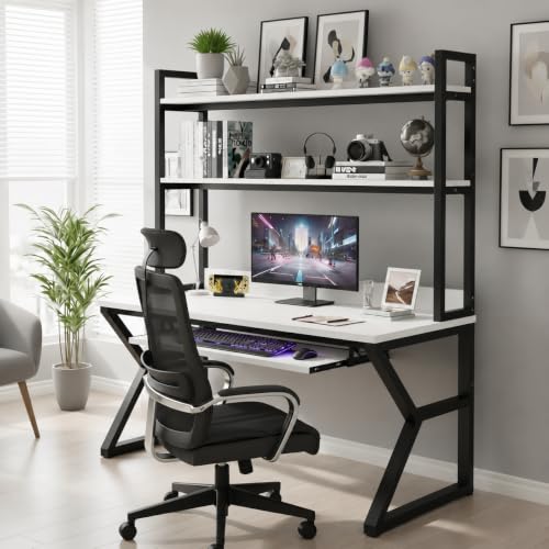 Image of TEKAVO Malto Computer Table for Home Pc | Office Table for Home | with Book Shelf, Study Table with Hutch, Modern Workstation, Black & White Wood, Metal (120 Cm x 60 Cm x 75 Cm) - DIY