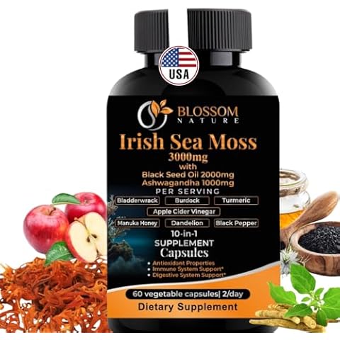 10-in-1 Irish Sea Moss Veggie Caps 3000mg Black Seed Oil Ashwagandha Bladderwrack Burdock Turmeric Apple Cider Vinegar Manuka Honey Dandelion Black Pepper - For Immune and Digestive System, Made in US Cover