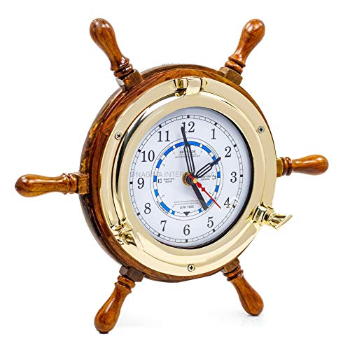 Nagina International 8" Porthole Tide Style Clock On Nautical Ship Wheel - Pirate Home Decorative Wall Hanging Cover