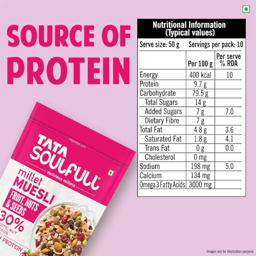 Image of Tata Soulfull Fruit Nuts & Seeds Millet Muesli, 500g, Source of Protein, Rich in Fibre, 30% Fruit, Nut & Seeds, Contains Ragi & Jowar, Contains Almonds, Flax Seeds, Chia Seeds, Pumpkin Seeds