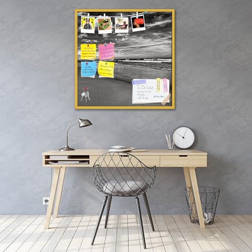 Image of ArtzFolio Sea, Air, & Land Monochrome Contrast | Bulletin Board Notice Pin Board | Vision Soft Board Combo with Thumb Push Pins & Sticky Notes | Golden Frame | 16 x 16 inch (41 x 41 cms)