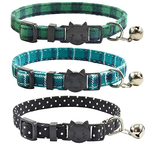 Image of Breakaway cat Collars with Bell, Set of 3, Durable & Safe Cute Kitten Collars Safety Adjustable Kitty Collar for Cat Puppy 7.5-11in (Green,Cyan,Black)