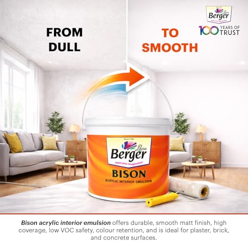 Image of BERGER Bison Interior Emulsion Paint for Walls and Ceilings with Anti-Fading Properties Acrylic Based Washable & Durable Rich Smooth Matt Finish (4Ltr, White)