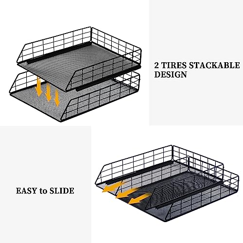 Tunnkit 2 Pack Stackable Letter Tray Paper Organizer, Metal Desk Organizer Tray for Letter/A4 Paper Storage, Suitable for Office, School, Home, Black
