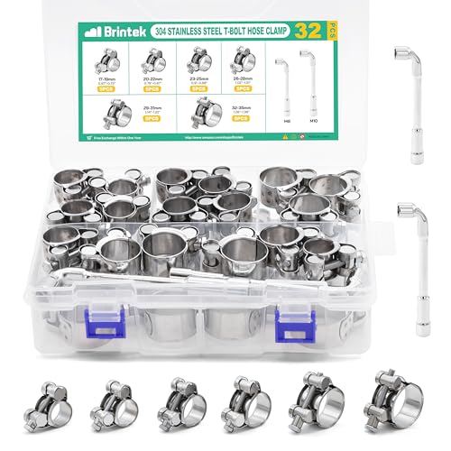 Brintek T-bolt Hose Clamps - 32PCS 17-35mm Stainless Steel Hose Clamp Assortment 6-Sizes Heavy Duty Adjustable Tube Clamps with M8 and M10 Socket Wrenches