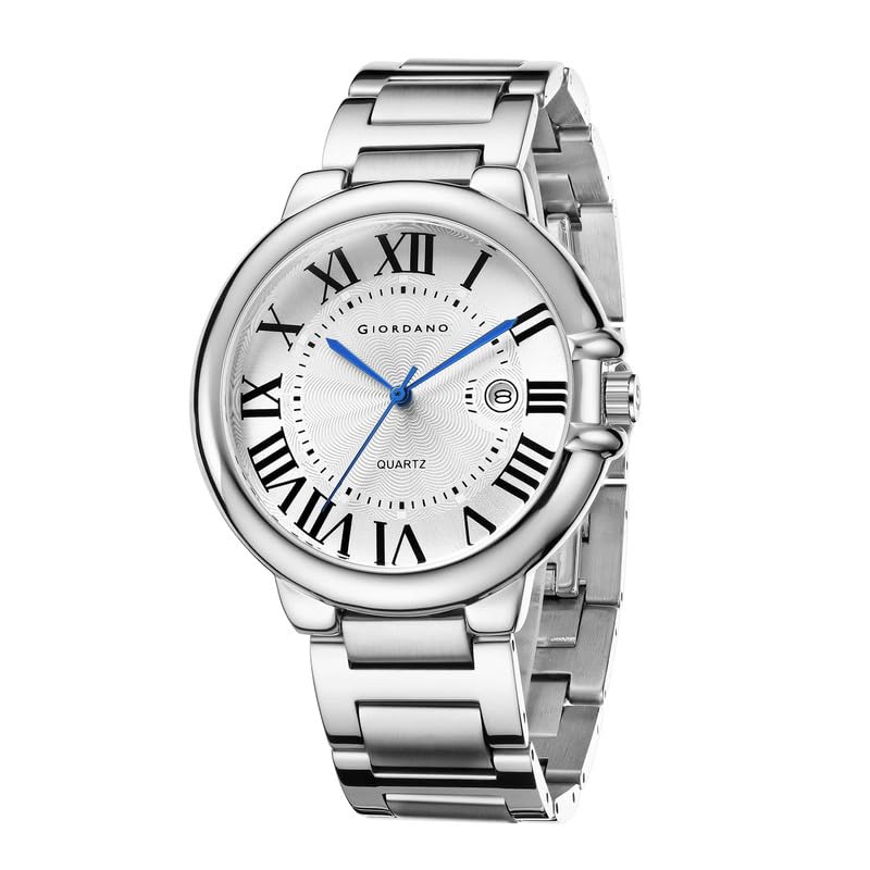 Image of Giordano Analog Quartz Watch for Men - Stainless Steel Strap, Textured Dial with Roman Numerals, Blue Hands, Date Display