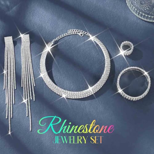 Unicra Rhinestone Bridal Wedding Jewelry Sets Silver Choker Necklace Earrings Bracelet Ring Set Prom Formal Costume Jewelry Set for Women and Brides2