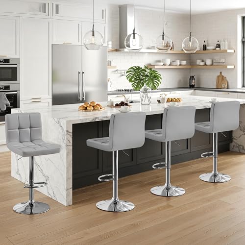 Image of Yaheetech Bar Stools Set of 4, PU Leather Adjustable Barstools, Modern Counter Stools with Back and Footrest, Counter Height Barstools for Bar, Kitchen, Dining Room, Light Gray