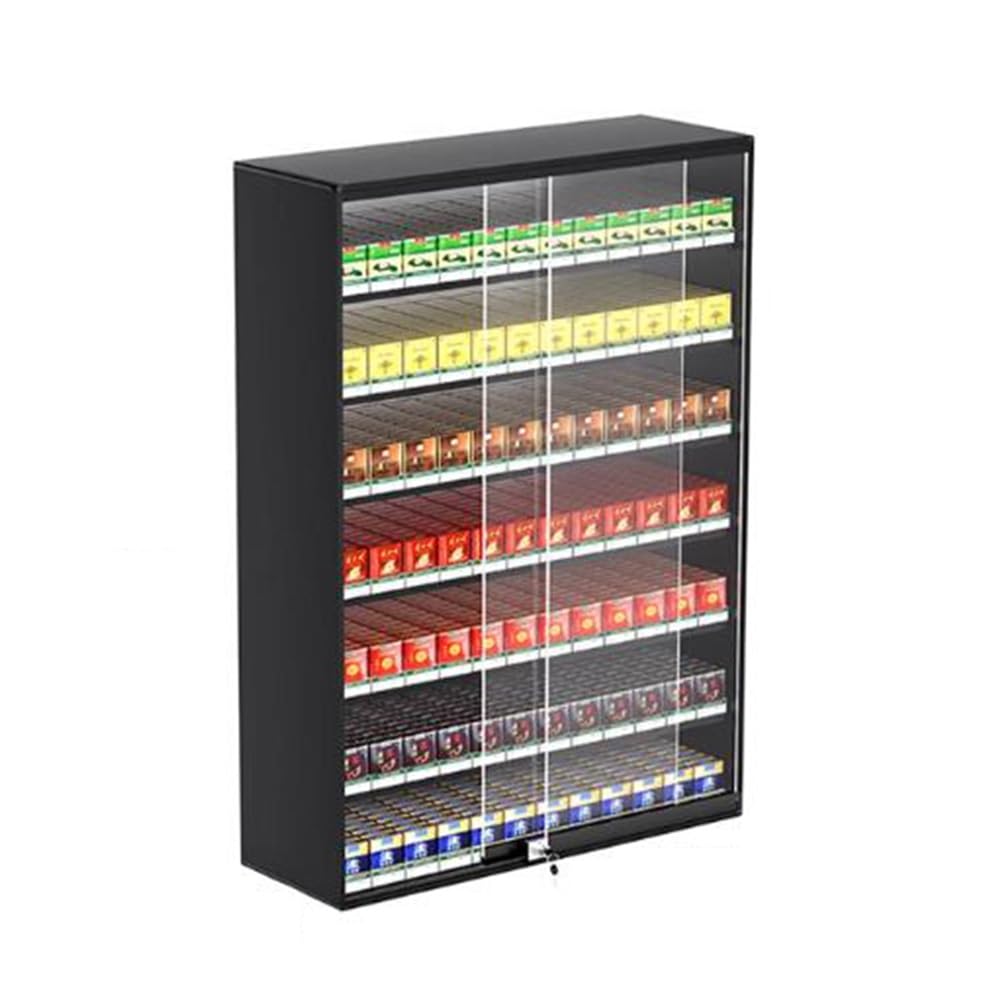 Présentoir à cigarettes mural noir avec poussoir automatique et porte coulissante 92cm