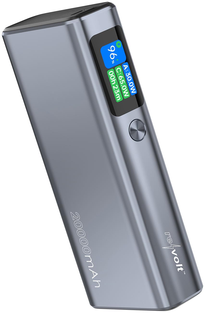 revolt Power Bank USB-C 20000 mAh 130 W con display OLED a colori, PD 100 W, grigio scuro
