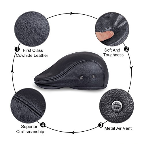 VEMOLLA Men's Real Cowhide Leather Beret Hunting Cap Beanie Trucker Cap Mens Sports Hat Black L