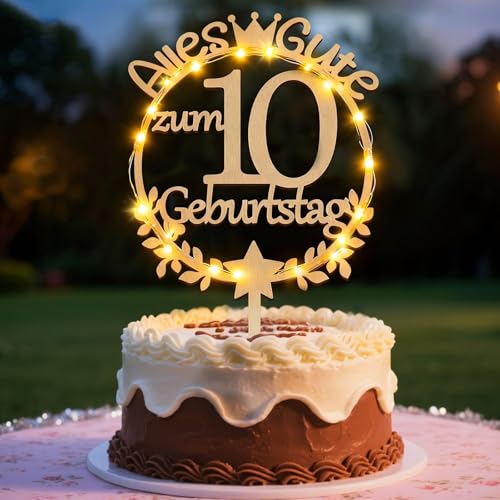 Deko 10 Geburtstag Mädchen Tortendeko Geburtstag Cake Topper Holz mit LED 10. Geburtstag Junge Kuchen Deko Geburtstagsdeko