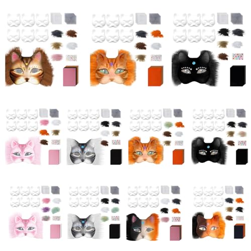 6 máscaras de gato de papel con ribete peludo para pintar tú mismo 4