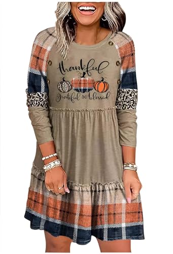 Thankful Greatful Blessed Ruffled Mini Dress Womens Thanksgiving Leopard Plaid Raglan Sleeve Dresses...