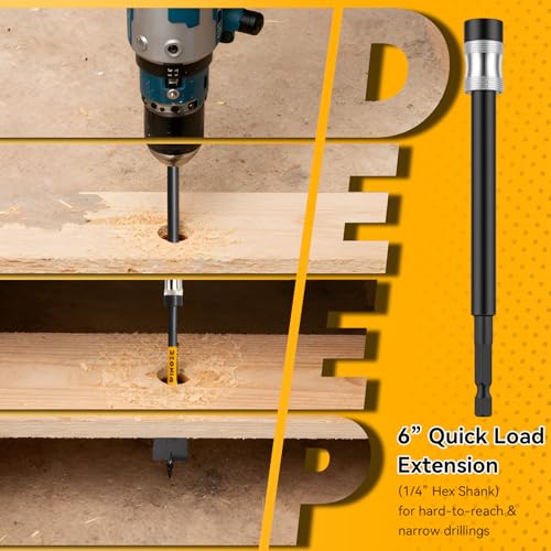 Image of PINOZE 14-Piece Spade Drill Bit Sets with 6 inch Quick-Load Extension, Paddle Flat Bit for Hole Cutter Woodworking, 1 /4 inch to 1-1 /2 inch, Self-Feeding Threaded Tip, 1 /4 inch Hex Shank, Storage Pouch Included