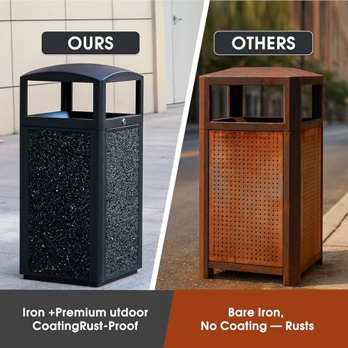 Image of 15 Gallon Outdoor Commercial Trash Can with Lid, Heavy-Duty Galvanized Steel Garbage Receptacle with Removable Inner Bucket, Locking Waste Container with Stone Panels for Business Entrances