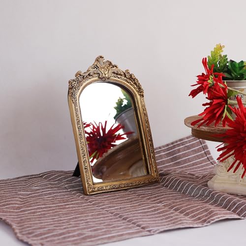 HSDHOME Gold Vintage Vanity Desk Mirror with Carved Resin Frame
