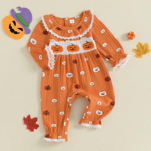 Newborn Girl Halloween Baby Clothes Pumpkin Bubble Onesie Lace Romper Doll Collar Jumpsuit Infant Fall Outfits3