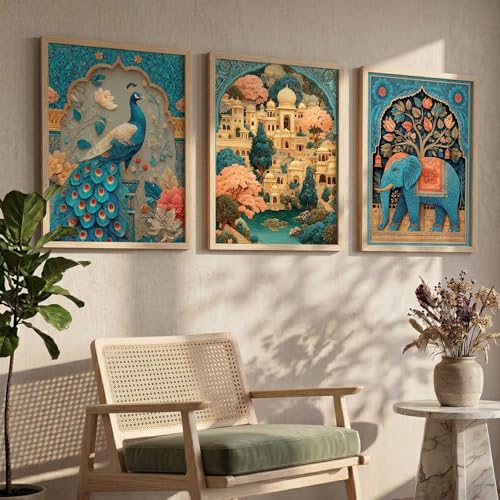 Image of kotart Madhubani Art Wall Painting Traditional Home Decoration With Frame For Living Room Bed Room Hotel Wall Decor Digital Reprint Set of 3 (10X13 INCH)