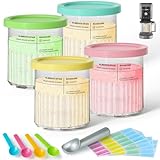 4 Pack Creami Deluxe Pints & Lids for Ninja, 24 Oz Compatible with NC500 NC501 Series Ice Cream Makers, with 5 Spoons & 64 Writable Labels, BPA-Free & Dishwasher Safe, 4 Color Lids