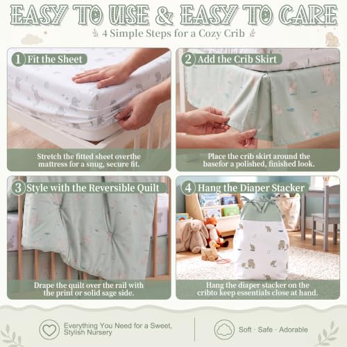Image of Hahafelt 4 Pieces Crib Bedding Set for Girls and Boys, Soft Baby Bedding Set Including Crib Skirt, Comforter, Sheet and Diaper Stacker for Nursery(Elephant Theme)
